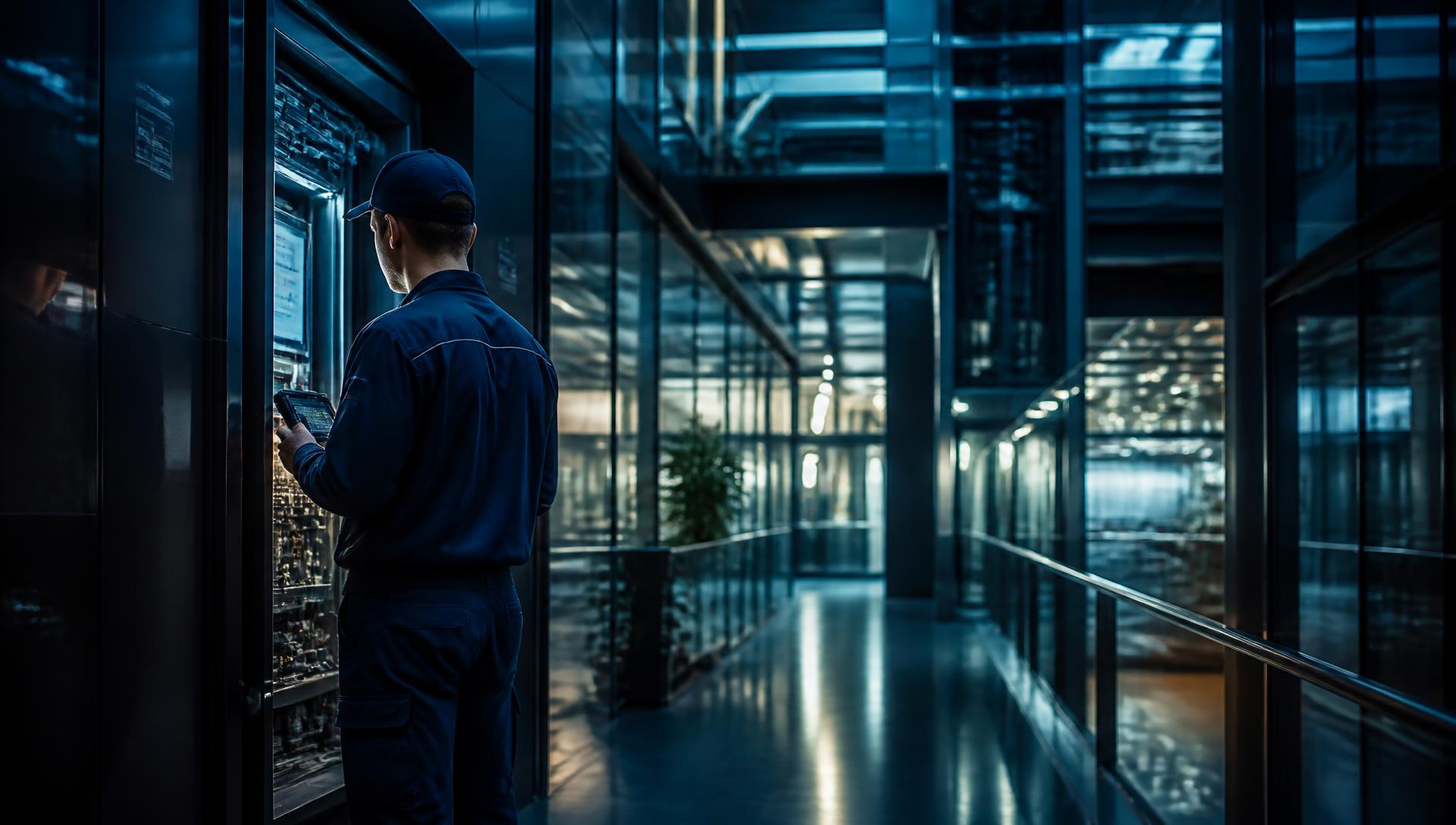 Técnico de mantenimiento revisando instalaciones en un edificio corporativo